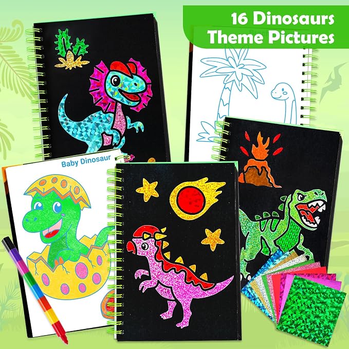 FUNNYB&G Foil Art Craft Kit for Boys 4-10 Years Old: Mess-Free & No-Glue, Create 16 Sparkly Dinosaur World Pictures – Perfect Travel Toy & Birthday Gift for Kids (Dinosaur World)