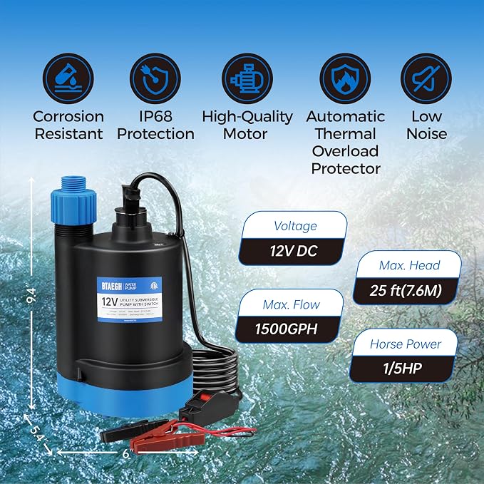 12V Submersible Water Pump 1500GPH Small Sump Pump Thermoplastic Portable Transfer Utility Pump Clean for Swimming Pool Basement Garden Pond