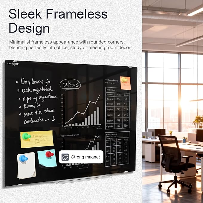 24 x 18 Magnetic Glass Blackboard, Frameless Glass Dry Erase Board for Wall, Home, Office, Classroom