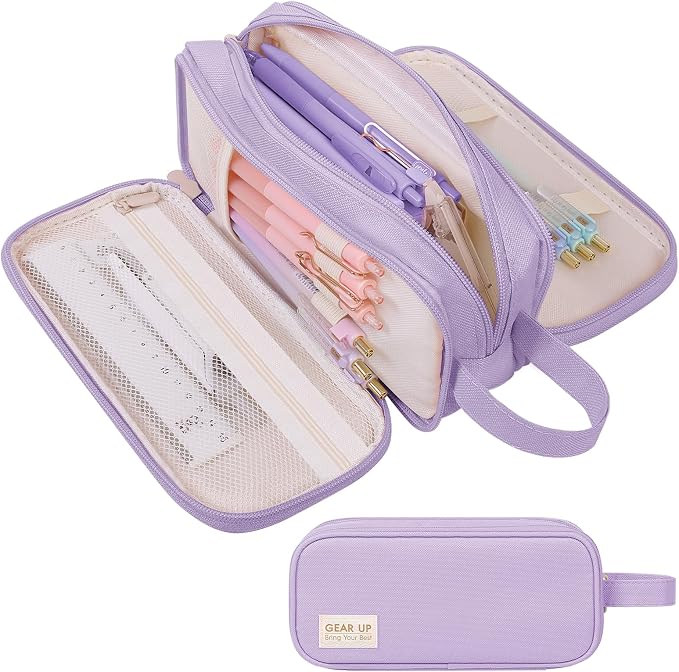 SKYDUE Large Capacity Pencil Case with Handle, 3 Compartment Canvas Pencil Pouch, Cute Soft Color Pencil Bag for Pens, Markers, Aesthetic Stationery and Organizer for Teen Girls Adult, Purple