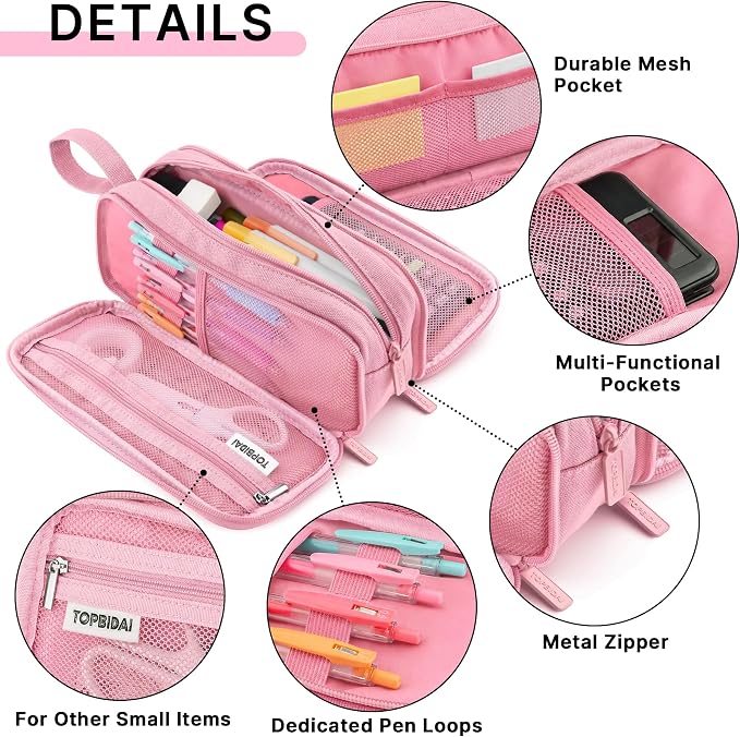 TOPBIDAI Large Pencil Case Pouch for Girls Boy Women Men Adults | Big Capacity Canvas Pencil Bag, Office School Supplies, Multi Compartment Zipper Stationery Pen Box(Light Pink)