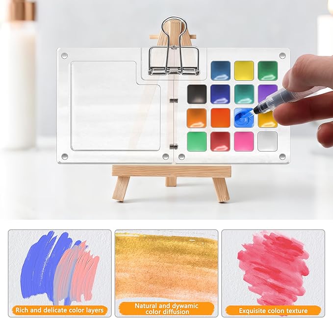 Pocket Watercolor Paint Set, 24 Vibrant Colors with 15-Well Acrylic Palette - Portable Travel Art Kit for Beginners, Artists, Outdoor Sketching & Gift