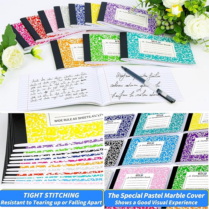 48 Pack Composition Notebooks Bulk Wide Ruled 4-7/8"x 7.5" Half Size Composition Books 60 Sheets Mini Notebook 12 Color Small Pocket Marble Journal Books for Students College Office Back to School Supplies