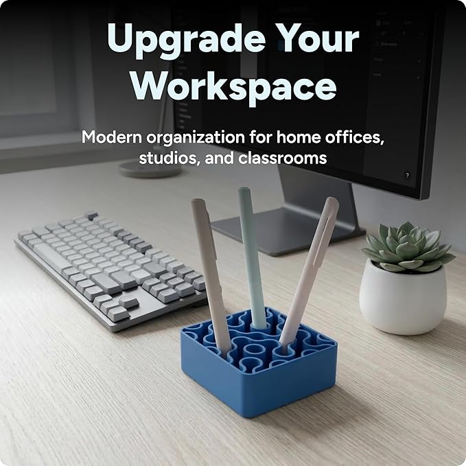 Modern Desk Pen & Pencil Holder Organizer | Unique Squiggle Design, Matte Finish, Non-Slip Rubber Feet | Stylish Office Desk Accessory & Storage for Home, Work, Classroom (Matte Blue)