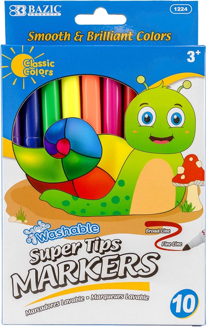 BAZIC PRODUCTS Washable Super Tips Markers, 10 Classic Colors