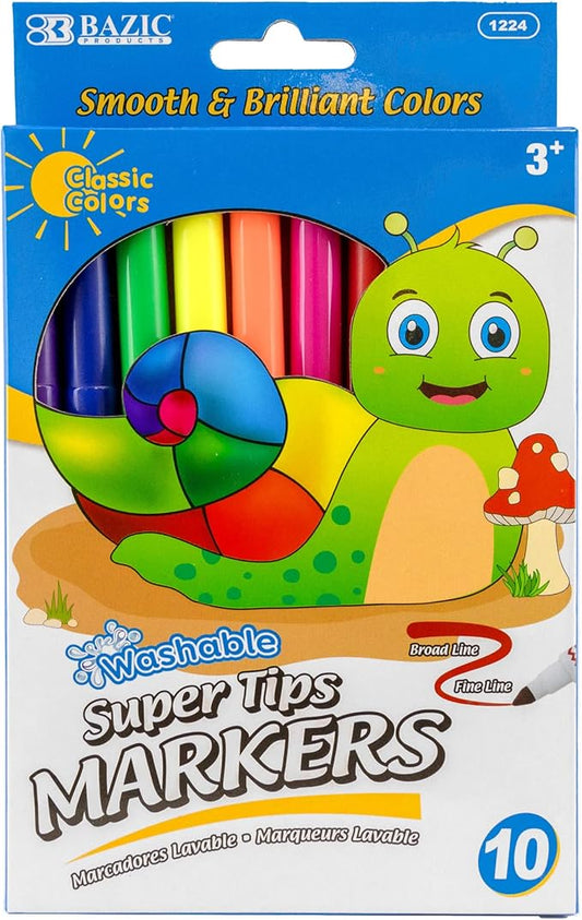 BAZIC PRODUCTS Washable Super Tips Markers, 10 Classic Colors