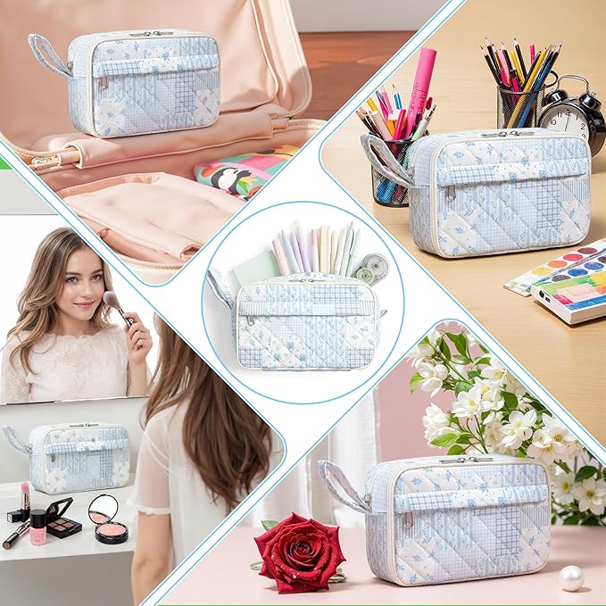 WOBAGMEN Quilted Pencil Pouch for Girls Women, Large Pencil Case Pouch with Compartments Cute Aesthetic Pencil Case Organizer, Floral Pencil Bag for School Supplies (Blue Patchwork)