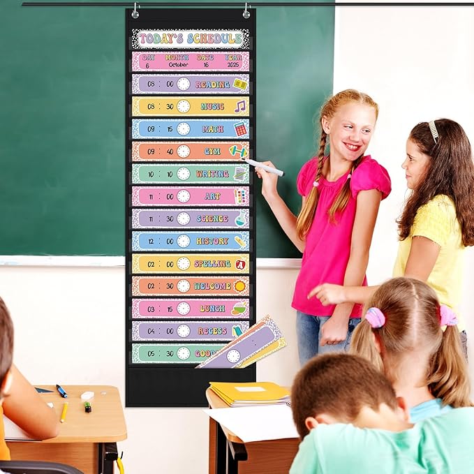 Pasimy Daily Schedule Pocket Chart for Classroom 15+1 Pockets with 31 Double Sided Reusable Cards 2 Magnetic Erasable Pens & Hangers Visual Schedule Chart School Office Home Decor(Black,Composition)
