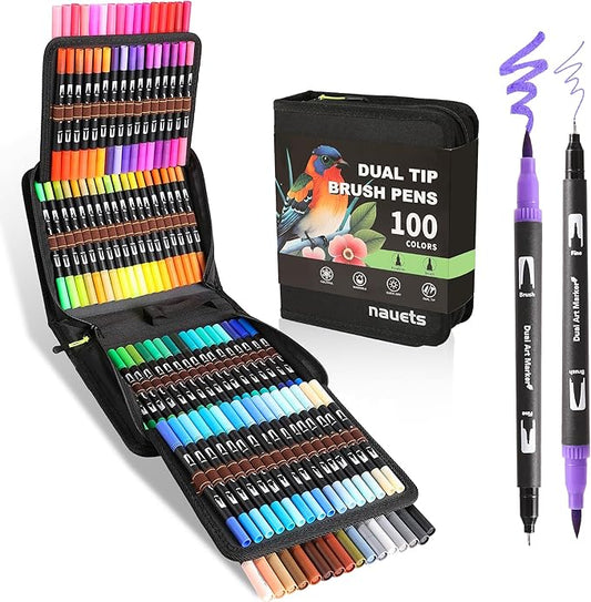 nauets 100 Colors Brush & Fine Dual Tip Watercolor Markers for Adult Coloring Books No Bleeding Professional Paint Pens For Drawing Note taking Planner Calligraphy Journaling Card Making Art Supplies