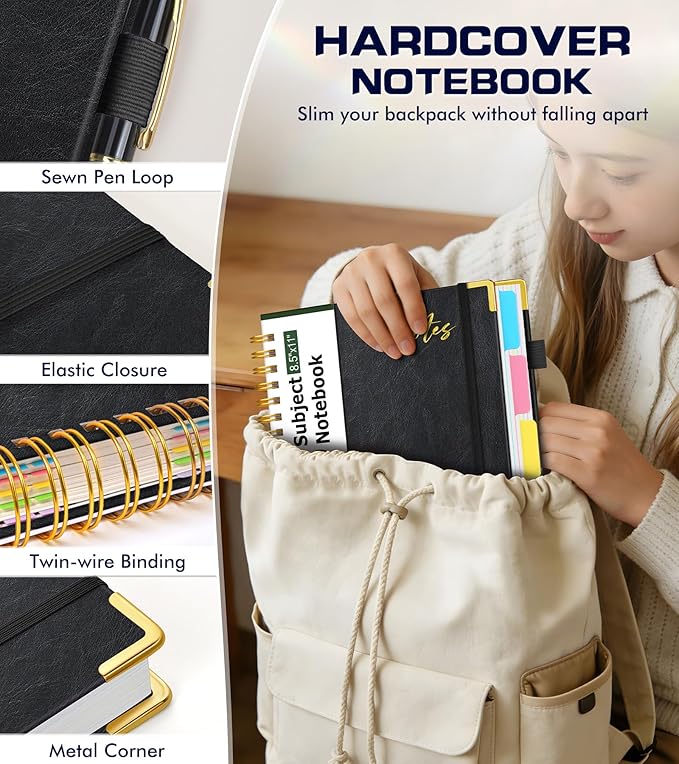 Hardcover Spiral Notebook Journal 8.5" x 11" Leather 5 Subject Notebook with Removable Dividers Tabs, 300 Pages Organizer Notebooks for Work School, College Ruled, Large Lined Journal for Women,Black