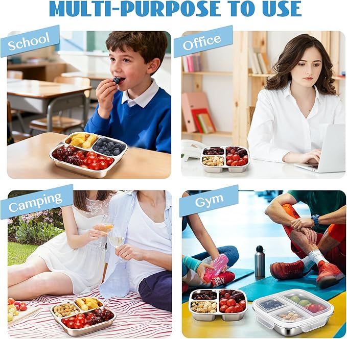 2 Pack Stainless Steel Snack Containers, 3 Compartments Reusable on the go Bento Box with Lids for Kids, Toddler Lunch Box Containers Pre Meal Storage for Daycare School Camping - White Blue