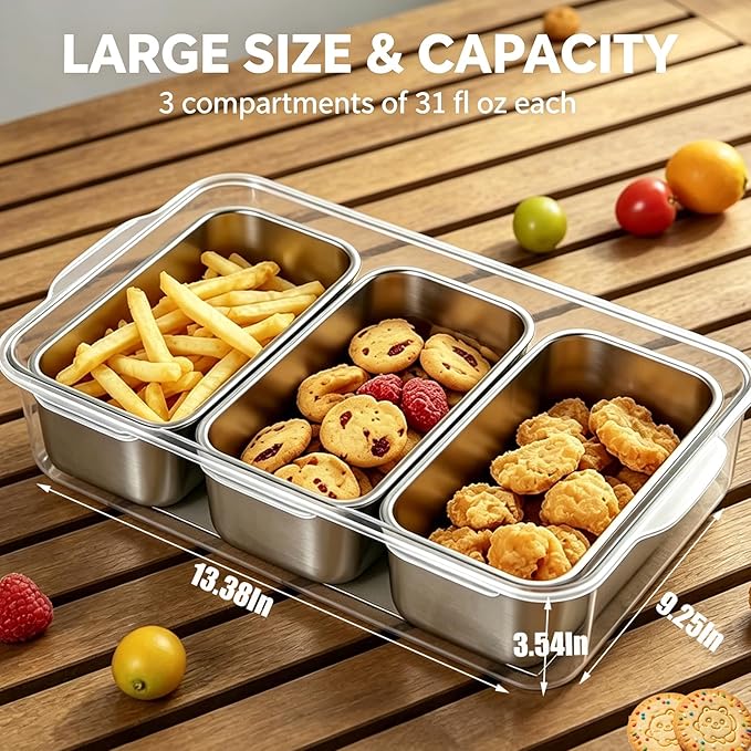 Snackle Box Container, Stainless Steel Snack Box with 3 Large Compartments, Dishwasher Safety Snack Tray with Lid and Handle, Divided Serving Tray for Travel, Picnic, Beach, Pool and Parties