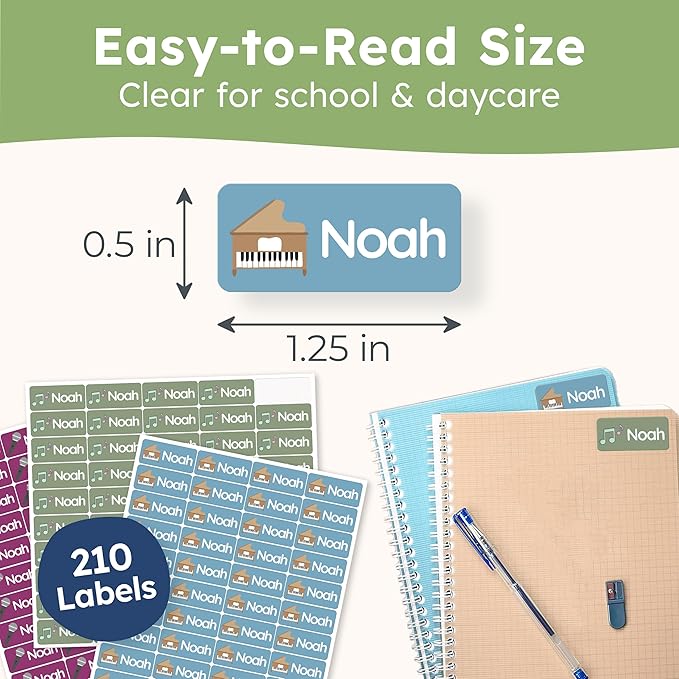 Personalized Name Labels for Kids (210 Labels) - Durable & Waterproof Custom Name Stickers for Clothing Tags, School Supplies, Camp & Daycare - Rhythm (1.2”x0.5”)