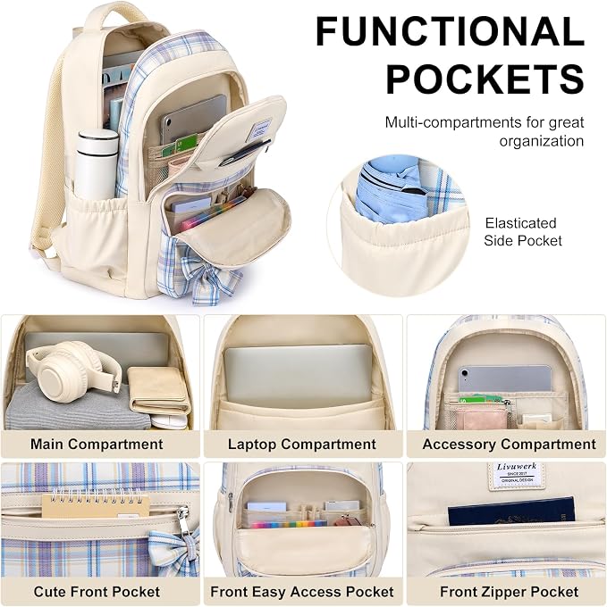 School Backpack for Teen Girls: Cute Bookbags Middle High School College Casual Back pack 15.6 inch Laptop Backpacks Vintage Bags Women Travel Daypacks Mochilas Escolares Beige