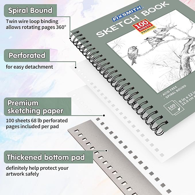 FIXSMITH 9"X12" Green Sketch Book, 100 Sheets (68 lb/100gsm) Spiral Sketchbook, Acid Free Drawing Paper, Sketch Pad for Beginners,Artists & Professionals, Bright White