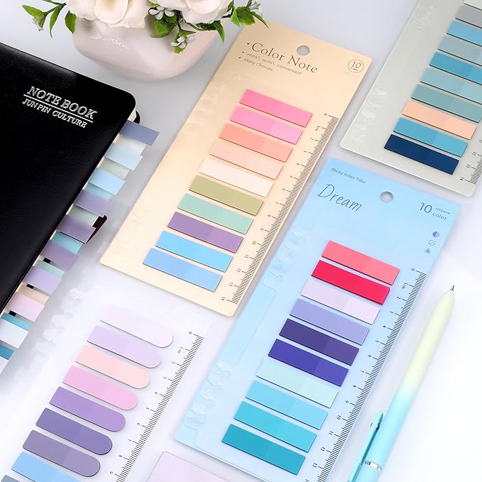 JIANTA Book Tabs for Annotating, 2000Pcs Sticky Tabs with Ruler, Transparent Sticky Notes for Binders, Page Markers for Notebooks, Multi-Colored Writable and Repositionable Book Flags Strip Index Tabs