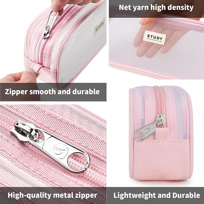 KALIDI Grid Mesh Pencil Case Pouch Large Capacity Pencil Bag with Zipper | Big Pencil Pouch Pink Simple Stationery Bag Aesthetic Pen Bag for School Teen Girl Boy Multi-Purpose Bag for Office Men Women
