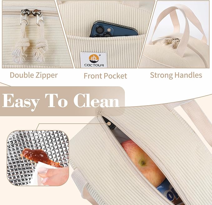 CaCTOUR Lunch Bag Lunch Box for Women Girls Teens, Cute Lunch Box Cooler Bag,Portable Small Reusable Corduroy Insulated LunchBox for Work/Travel/Picnic/School (Beige)