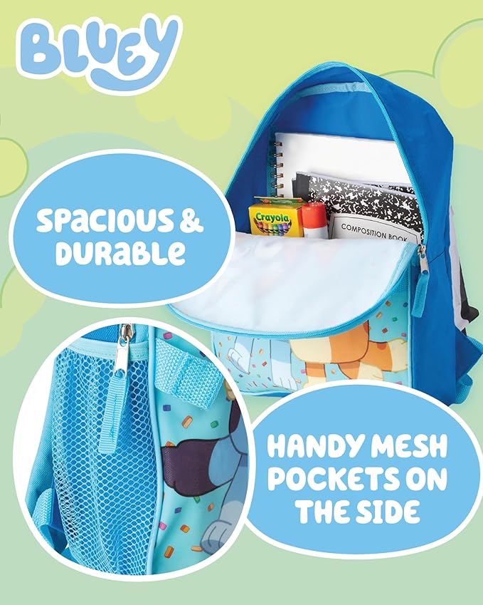 Fast Forward Bluey Kids Backpack and Lunch Box Set - 14" 3D Boys & Girls Backpack with Lunch Box for Preschool & Kindergarten, Bluey Light Blue