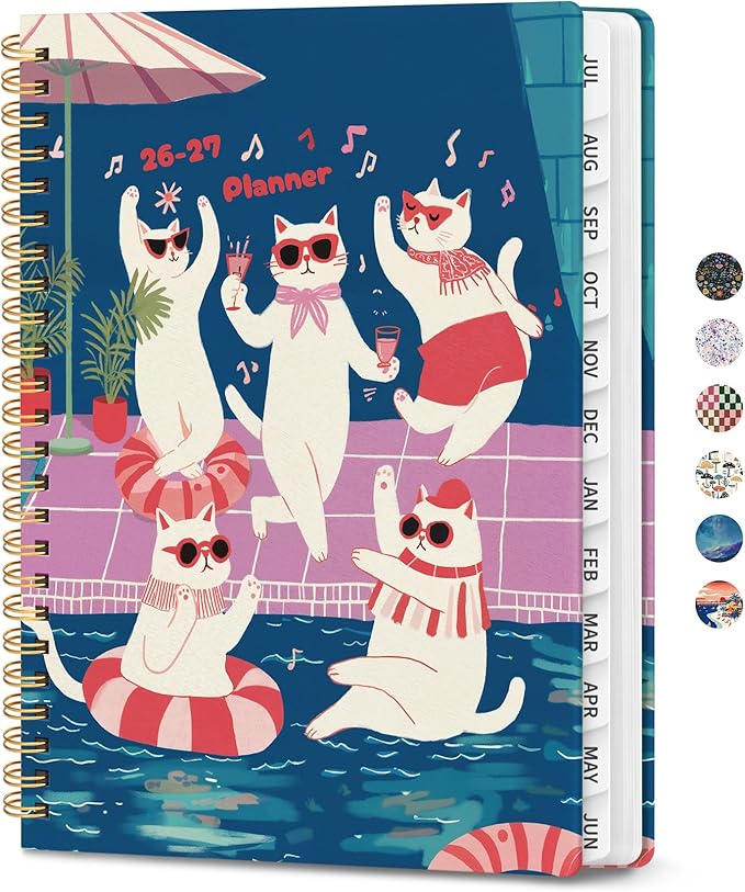 Planner 2026-2027, Academic Planner Weekly and Monthly, Jul 2026 - Jun 2027, Spiral Bound School Planning Tool with Tabs and Pocket, Perfect for Students & Teacher, 6.3" x 8.5", Cat Fiesta
