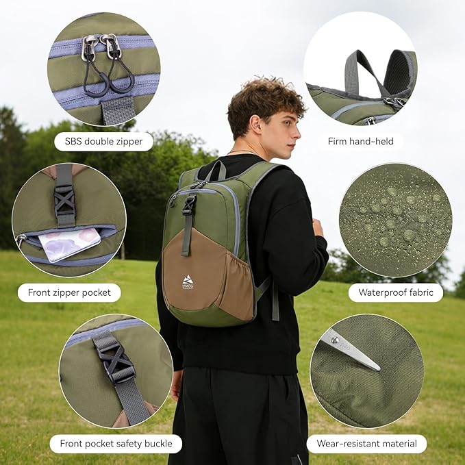 15L Small Hiking Backpack for Men Women Lightweight Packable Backpack Foldable Casual Daypack for Camping Travel Outdoor, Green