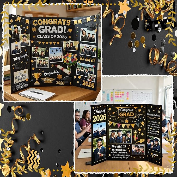 Colarr 3 Pack Graduation Photo Display Board Large Graduation Season Trifold Poster Board 24" x 36" Black Trifold Poster Photo Display for Class of 2026 Grad Party Picture Frames for Table