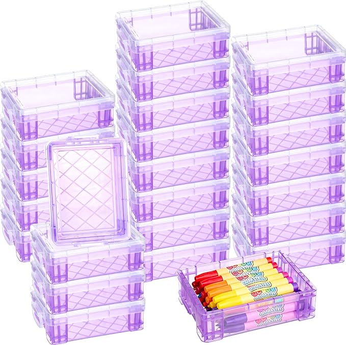 Suzile 25 Pcs Plastic Crayon Boxes with Snap Lids Crayon Storage Organizer Stackable Container Bulk Pencil Case for Pen Crafts Classroom Supplies(Purple)