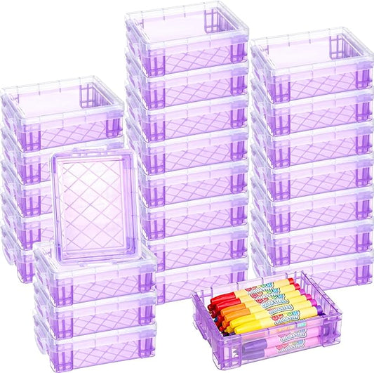 Suzile 25 Pcs Plastic Crayon Boxes with Snap Lids Crayon Storage Organizer Stackable Container Bulk Pencil Case for Pen Crafts Classroom Supplies(Purple)