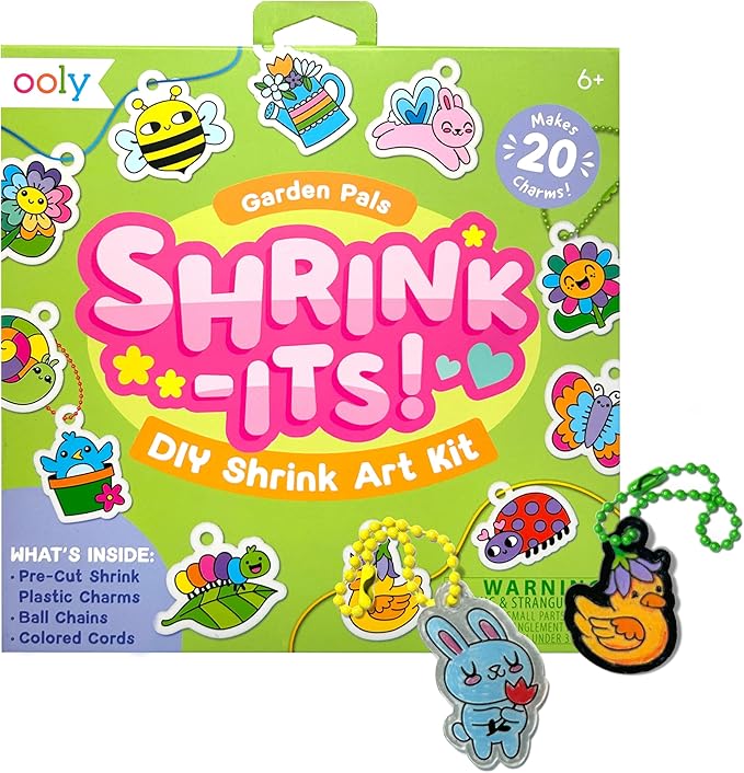 Ooly 28 PC DIY Shrinking Art Kit for Kids, 20 Plastic Pre Cut Charms and More, No Mess Creative Activity Jewelry Making Kit - Garden PALS