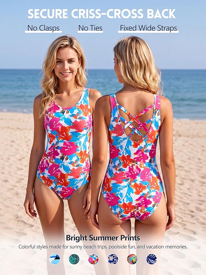 Modest Full Coverage One Piece Swimsuit Floral Bathing Suit Criss Cross Back Swimwear with Built-in Bra