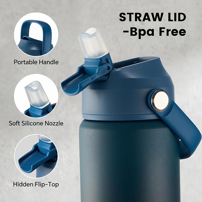Fijinhom 18 oz Insulated Water Bottle with Straw Lid, Stainless Steel Water Bottles, Double Wall Vacuum, Portable Handle & Non-slip Bottom, BPA Free Leak Proof Metal Bottles (Green+Black/Blue, 2pack)