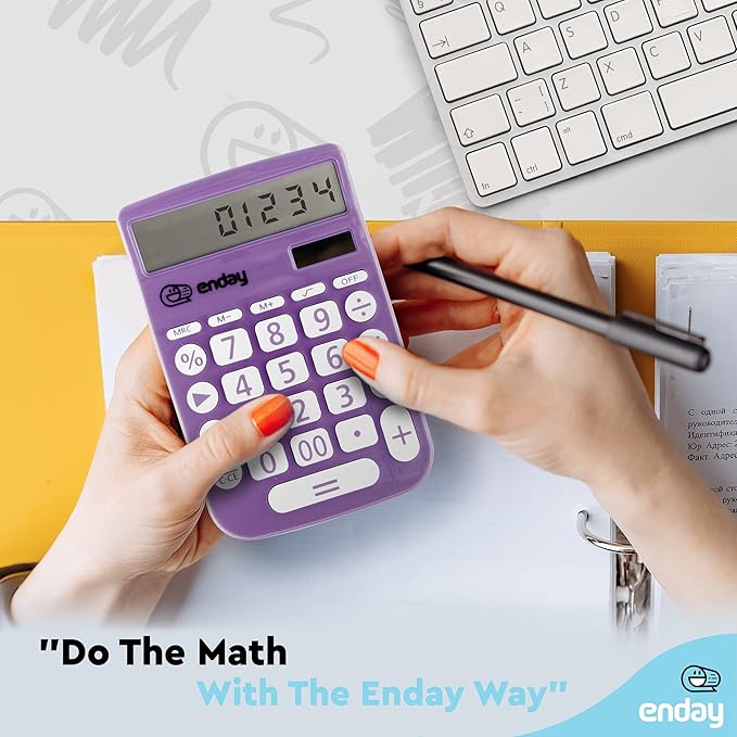 Enday Purple 12-Digit Solar Calculator - Large Display, Four Function, Perfect for Office & School