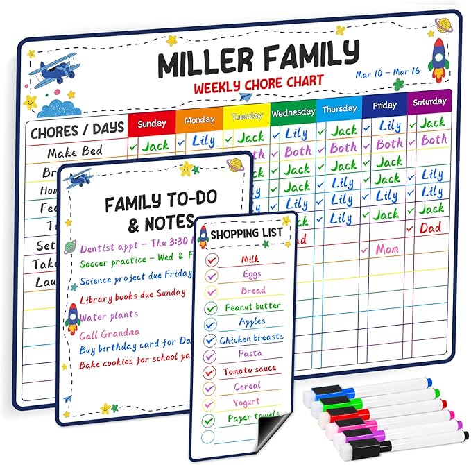 Magnetic Dry Erase Family Chore Chart for Kids and Adults, 3-Pack Weekly Planner, to-Do List & Memo Board, Stay Organized with Strong Magnet Chore Board & 6 Fine Tip Markers