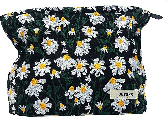 GUTGNK Corduroy Ladies Cosmetic Bag, Large Capacity Canvas Cosmetic Bag Travel Toiletry Bag Accessories Organizer, Black Chrysanthemum