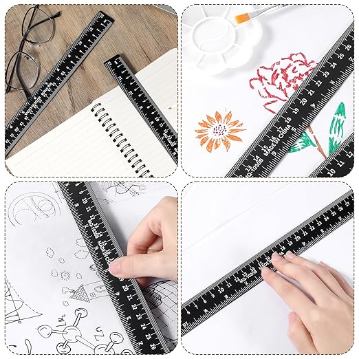 2 Pack Metal Ruler, 12 Inch Black Straight Edge Rulers Metric Ruler Laser Engraved Dual Scale Aluminum Rulers with Millimetre, Inches Conversion Table for Office Drafting Geometry Crafting