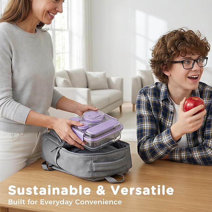 Stainless Steel Bento Lunch Box for Kids Adults with 8oz Insulated Food Jar,Ice Pack,Leak-proof,Dishwasher-Safe,Transparent Lid with Sauce Cup and Cutlery Storage for School & Travel,BPA-Free(Purple)