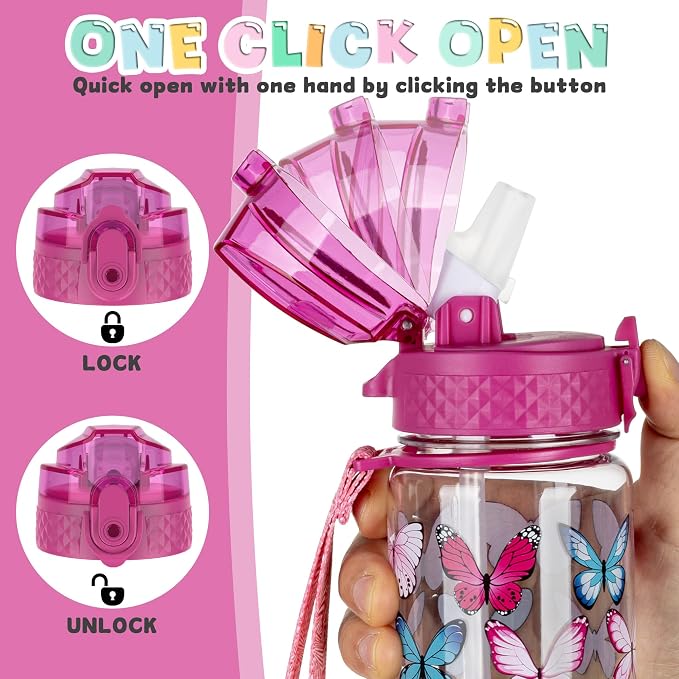 OLDLEY 17oz Kids Water Bottle, Tritan BPA-Free, Leakproof Flip Straw Lid, Motivational Time Marker, Carry Strap, Reusable Clear Water Bottle for Boys & Girls,Colorblock Butterflies