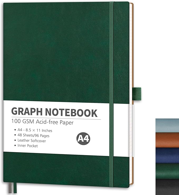 RETTACY Graph Grid Paper Notebook, 96 Pages, A4 Large Size (8.5'' x 11''), 5 Squares per Inch, Leather Softcover, 100 GSM Thick Paper, for School, Students, Math, Engineering (Dark Green)