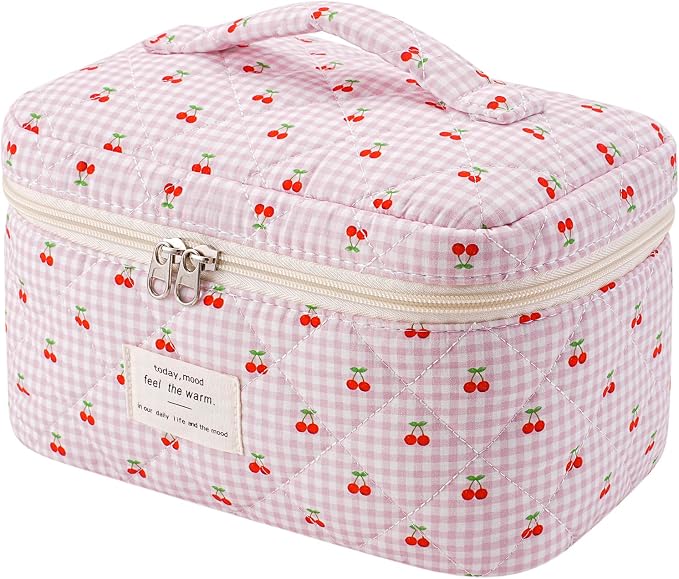 uekeboag Large Travel Quilted Makeup Bag for Women | Soft Floral Cotton Cosmetic Bag, Foldable Coquette Aesthetic Toiletry Organizer