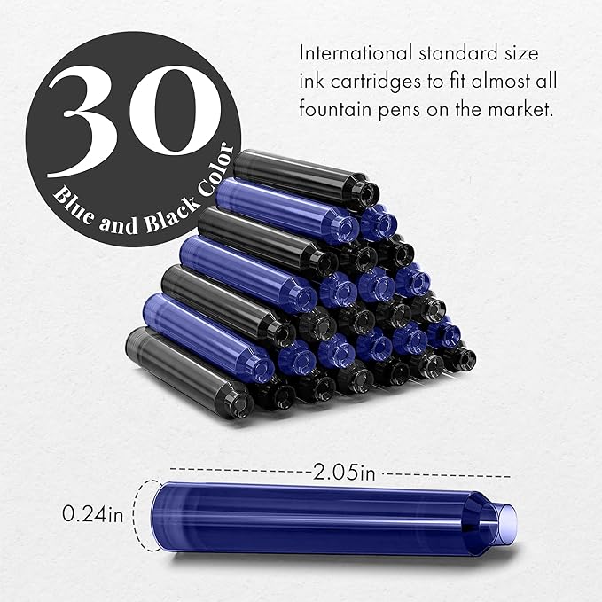SCRIVI PENS Fountain Pen Ink Refills - Set of 30 Black & Blue Ink Cartridges - International Standard Size - Length APPR 2.04 Inch - Base Diameter APPR 0.24 Inch - Disposable and Generic