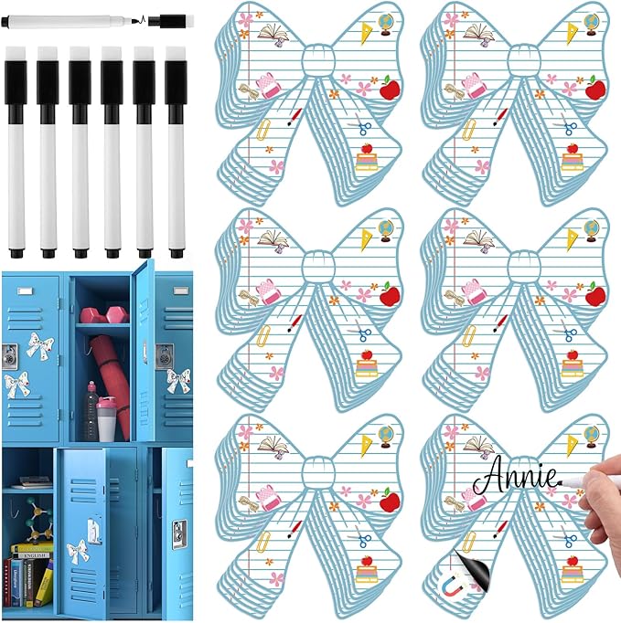 Crtiin 42 Pcs Back to School Bow Magnetic Name Tags Set for Lockers 4 Inch Notebook Design Bow Dry Erase Labels Magnetic Reusable Name Tags for First Day of School Whiteboard Classroom Party Decor