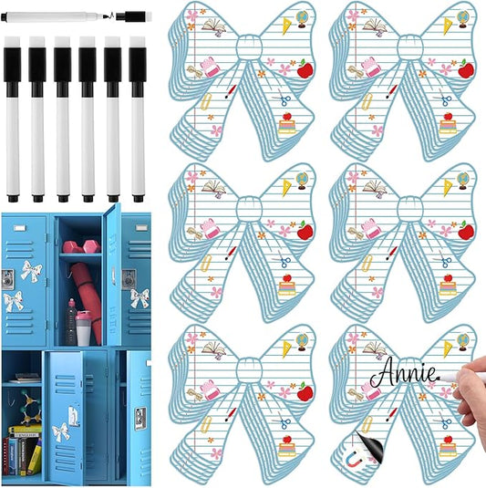 Crtiin 42 Pcs Back to School Bow Magnetic Name Tags Set for Lockers 4 Inch Notebook Design Bow Dry Erase Labels Magnetic Reusable Name Tags for First Day of School Whiteboard Classroom Party Decor