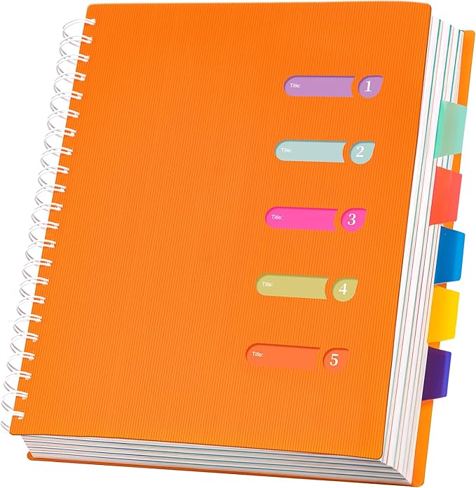 5 Subject Notebook 8.5 x 11 Large Spiral Notebook with Dividers 240 Pages Office Notebooks for Work Multi Subject Notebook with 5 Tabs Professional Organizer Notebooks for Note Taking School, Orange