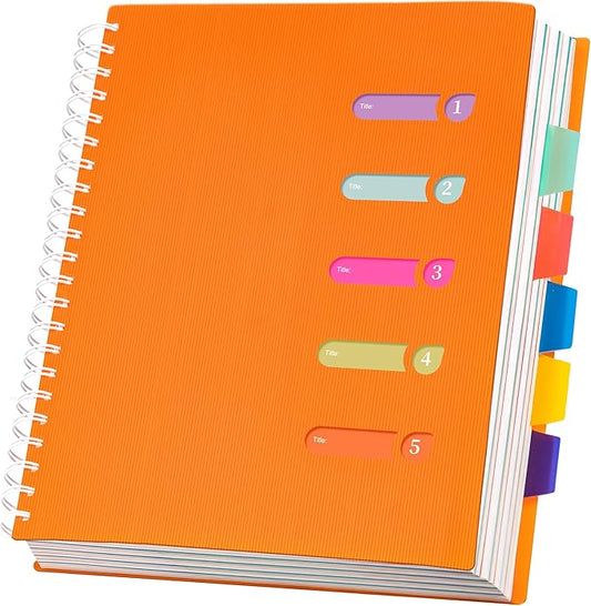 5 Subject Notebook 8.5 x 11 Large Spiral Notebook with Dividers 240 Pages Office Notebooks for Work Multi Subject Notebook with 5 Tabs Professional Organizer Notebooks for Note Taking School, Orange