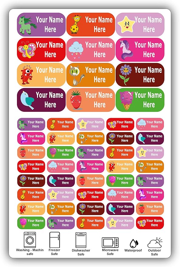 Waterproof Name Labels – Girls, Boys and Kids Icon Designs. 52 Custom Stickers for School, Daycare and Camp. Personalized Labels, Dishwasher and Microwave Safe, Machine Washable.