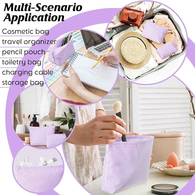 Huhumy 2 Pcs Makeup Bag Set for Women, Purple, Thin Striped Seersucker | Cute Cosmetic Pouch Women Travel Toiletry Bag Preppy Small Makeup Purse Pouch Aesthetic Skincare Brushes Storage Organizer