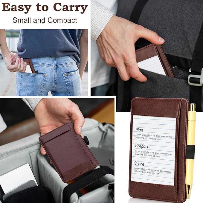 Index Card Holder Brown 3 x 5 PU Index Card Wallet Portable Pocket Notepad Holder with 25 Lined Sheets Mini Note Card Holder Writing Case with Card Slot Note Card Case for Record Sports No Pen