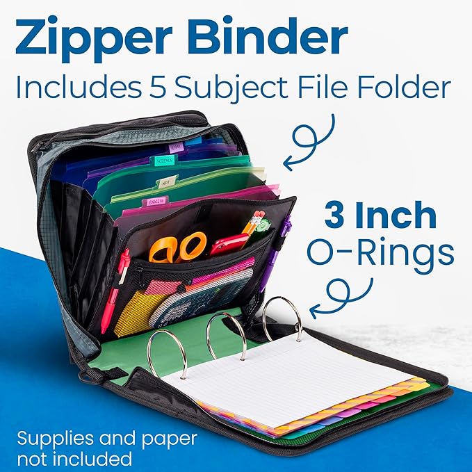 Case-it Mighty Zip Tab School Zipper Binder | 3-Inch O-Rings, 600-Sheet Capacity, 5-Subject Expanding File Folder, Multiple Pockets & Storage Organizer, Shoulder Strap | D-146 Canopy Green