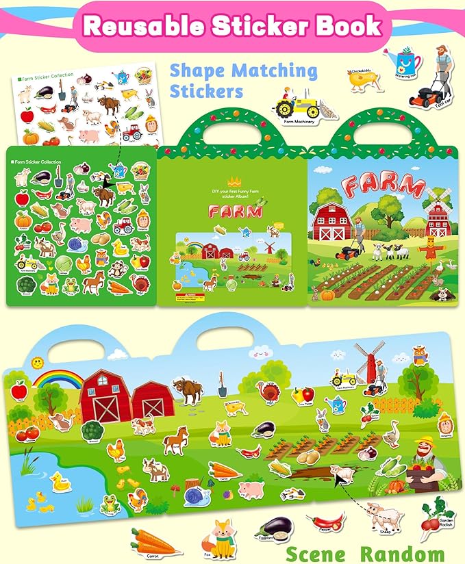 Walenced Reusable Sticker Book for Toddlers, Travel Stickers for Kids, Toddler Craft Activities Toys, Birthday Gifts for Boys & Girls