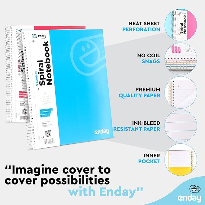 Emraw 5 Subject Notebook College Ruled Spiral White Paper 180 Sheets Perfect for Writing Sketching in class, Home, Office (Pack of 4)